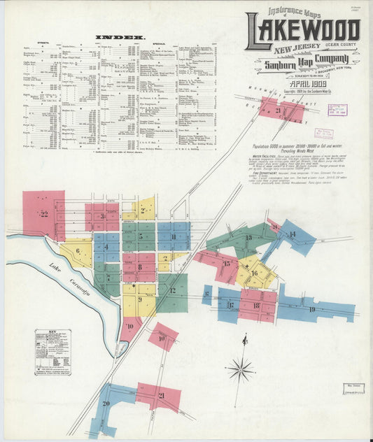 Sanborn Fire Insurance Map from Lakewood, Ocean County, New Jersey (1909), Sheet #0001 - Historic Sanborn Fire Insurance Map Print, vintage old map wall art, antique decor, genealogy gift, New Jersey New Jersey map