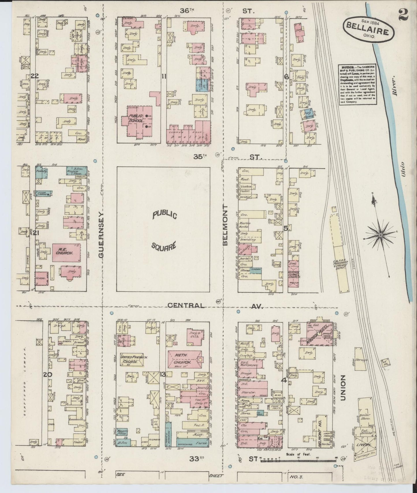 Sanborn Fire Insurance Map from Bellaire, Belmont County, Ohio (1884), Sheet #0002 - Historic Sanborn Fire Insurance Map Print, vintage old map wall art, antique decor, genealogy gift, Ohio Ohio map