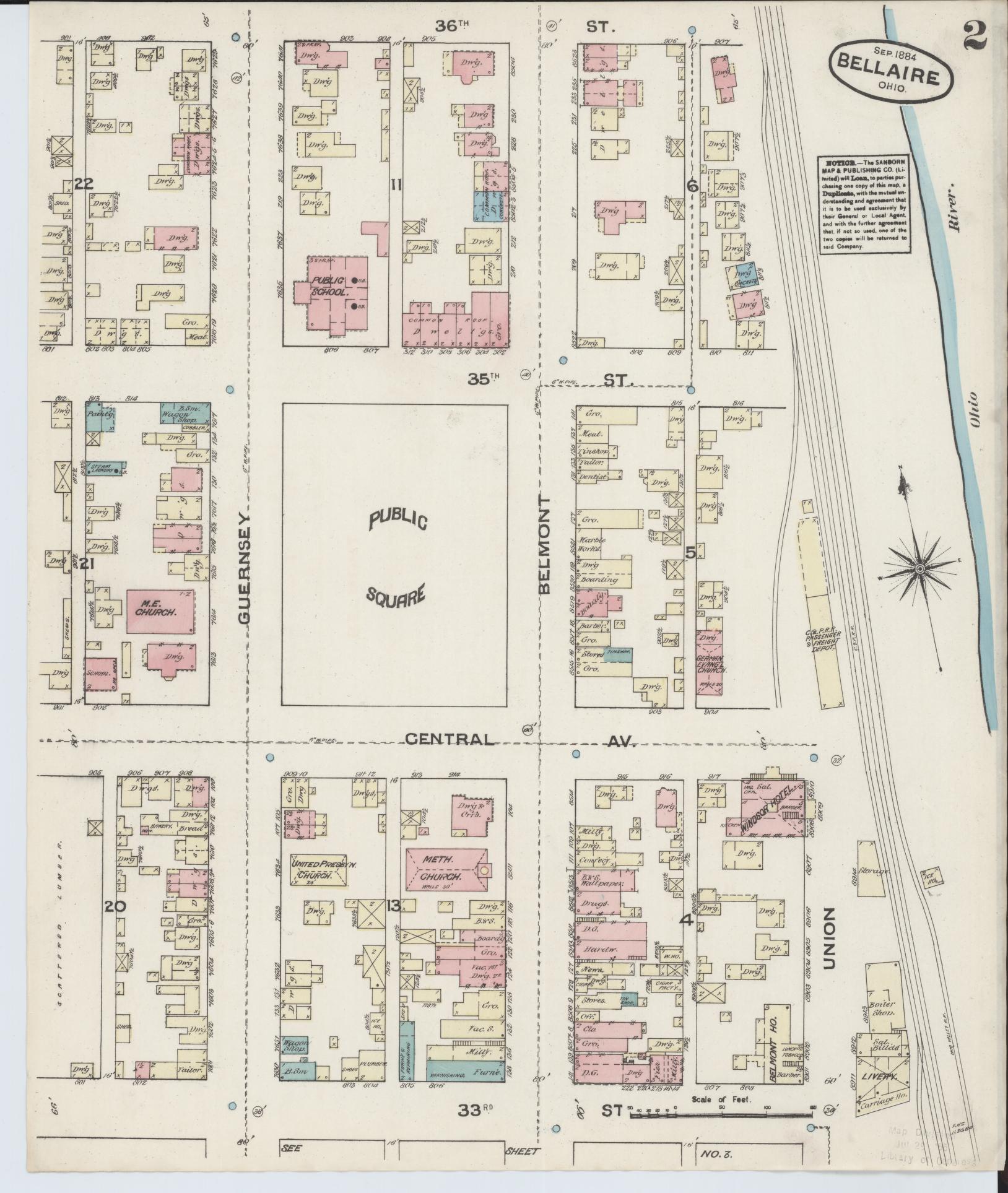 Sanborn Fire Insurance Map from Bellaire, Belmont County, Ohio (1884), Sheet #0002 - Historic Sanborn Fire Insurance Map Print, vintage old map wall art, antique decor, genealogy gift, Ohio Ohio map