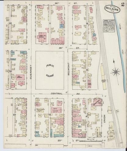 Sanborn Fire Insurance Map from Bellaire, Belmont County, Ohio (1884), Sheet #0002 - Historic Sanborn Fire Insurance Map Print, vintage old map wall art, antique decor, genealogy gift, Ohio Ohio map