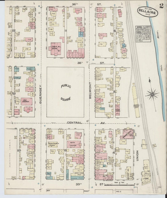 Sanborn Fire Insurance Map from Bellaire, Belmont County, Ohio (1884), Sheet #0002 - Historic Sanborn Fire Insurance Map Print, vintage old map wall art, antique decor, genealogy gift, Ohio Ohio map