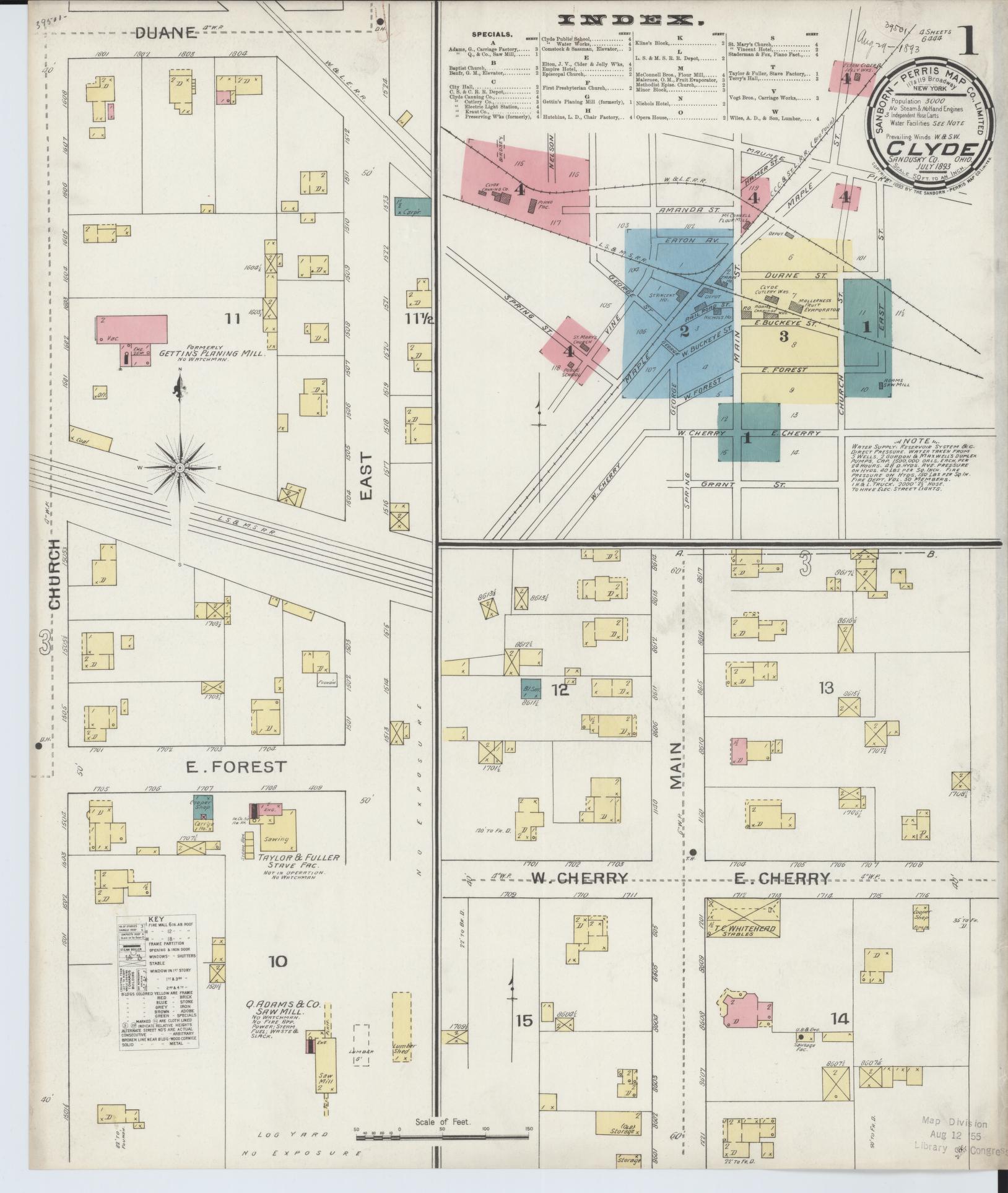 Sanborn Fire Insurance Map from Clyde, Sandusky County, Ohio (1893), Sheet #0001 - Historic Sanborn Fire Insurance Map Print, vintage old map wall art, antique decor, genealogy gift, Ohio Ohio map