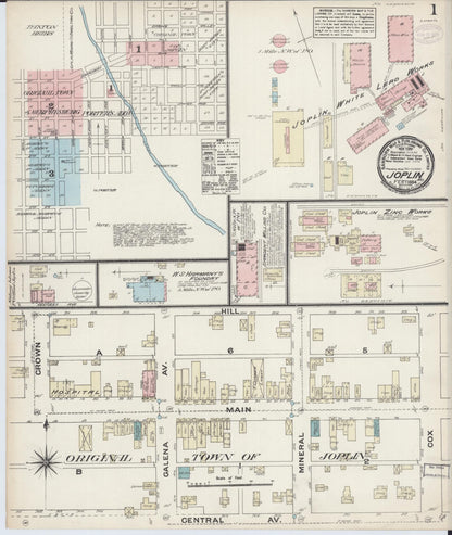 Sanborn Fire Insurance Map from Joplin, Jasper County, Missouri (1884), Sheet #0001 - Historic Sanborn Fire Insurance Map Print, vintage old map wall art, antique decor, genealogy gift, Missouri Missouri map