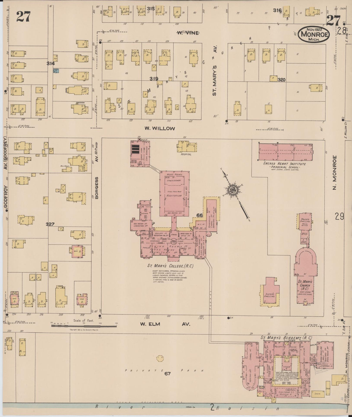 Sanborn Fire Insurance Map from Monroe, Monroe County, Michigan (1922), Sheet #0027 - Historic Sanborn Fire Insurance Map Print, vintage old map wall art, antique decor, genealogy gift, Michigan Michigan map