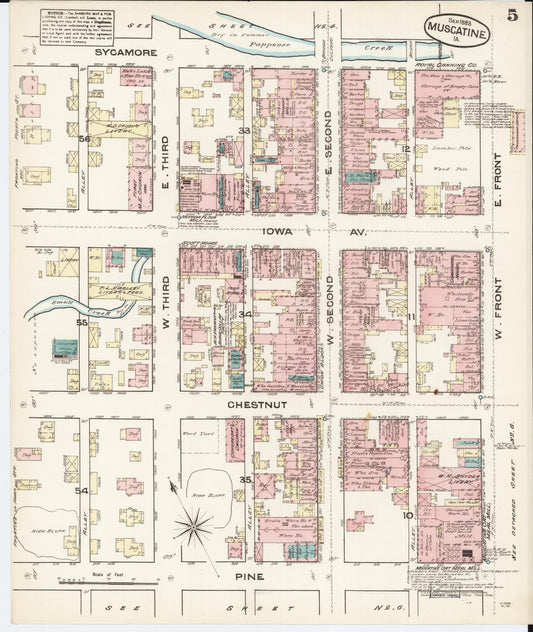 Sanborn Fire Insurance Map from Muscatine, Muscatine County, Iowa (1883), Sheet #0005 - Historic Sanborn Fire Insurance Map Print, vintage old map wall art