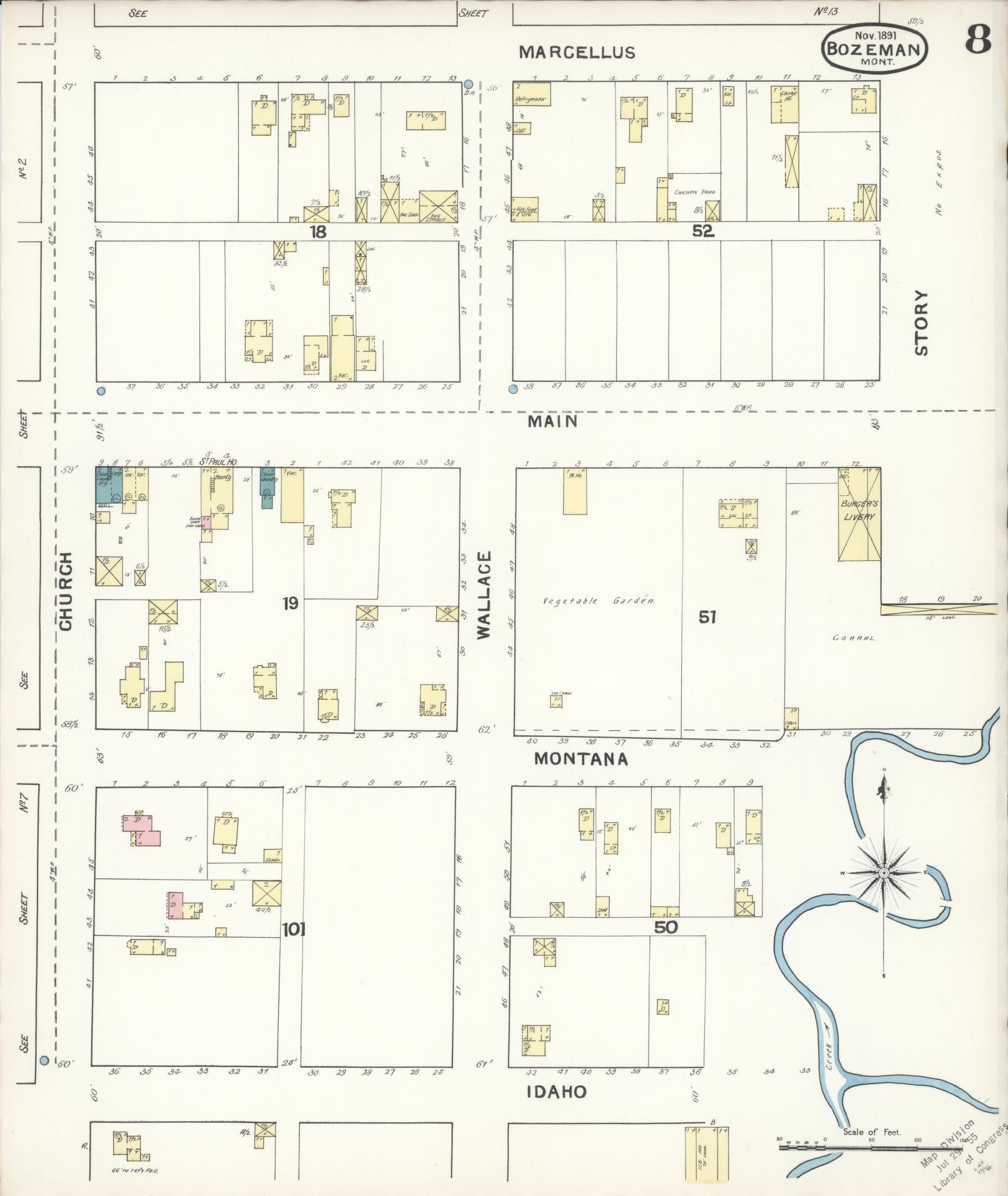 Sanborn Fire Insurance Map from Bozeman, Gallatin County, Montana (1891), Sheet #0008 - Historic Sanborn Fire Insurance Map Print, vintage old map wall art, antique decor, genealogy gift, Montana Montana map