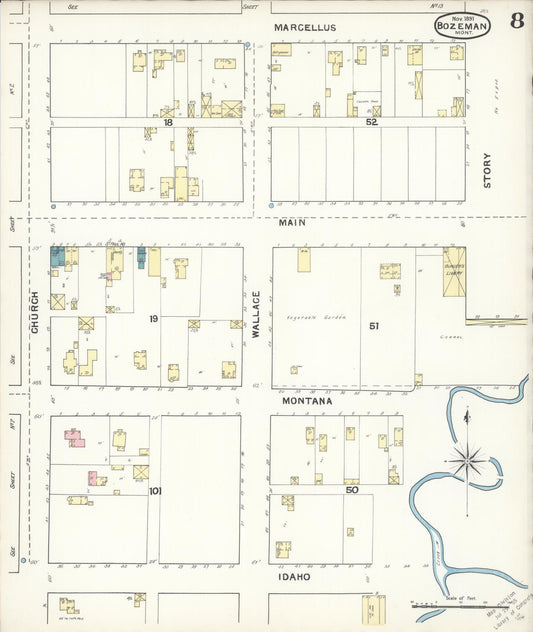 Sanborn Fire Insurance Map from Bozeman, Gallatin County, Montana (1891), Sheet #0008 - Historic Sanborn Fire Insurance Map Print, vintage old map wall art, antique decor, genealogy gift, Montana Montana map