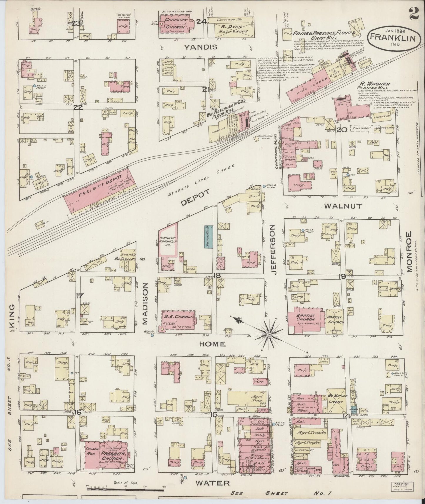 Sanborn Fire Insurance Map from Franklin, Johnson County, Indiana (1886), Sheet #0002 - Historic Sanborn Fire Insurance Map Print, vintage old map wall art, antique decor, genealogy gift, Indiana Indiana map
