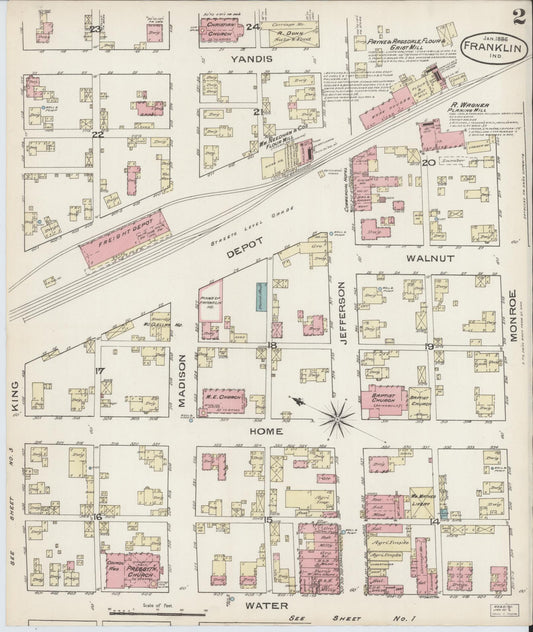 Sanborn Fire Insurance Map from Franklin, Johnson County, Indiana (1886), Sheet #0002 - Historic Sanborn Fire Insurance Map Print, vintage old map wall art, antique decor, genealogy gift, Indiana Indiana map