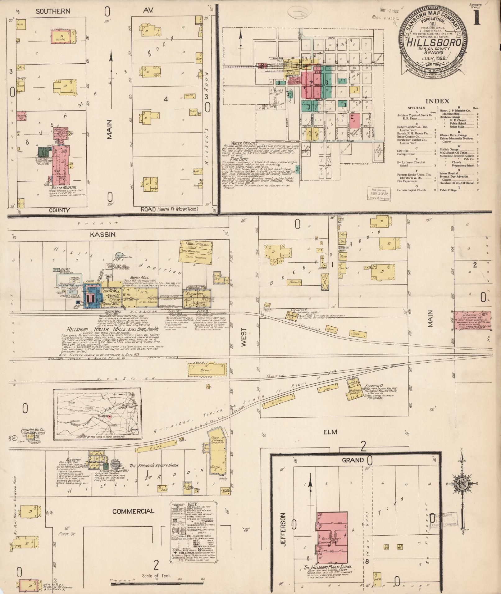 Sanborn Fire Insurance Map from Hillsboro, Marion County, Kansas (1922), Sheet #0001 - Historic Sanborn Fire Insurance Map Print, vintage old map wall art, antique decor, genealogy gift, Kansas Kansas map