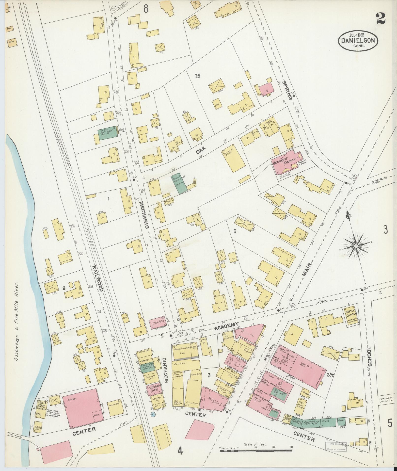 Sanborn Fire Insurance Map from Danielson, Windham County, Connecticut (1903), Sheet #0002 - Historic Sanborn Fire Insurance Map Print, vintage old map wall art, antique decor, genealogy gift, Connecticut Connecticut map