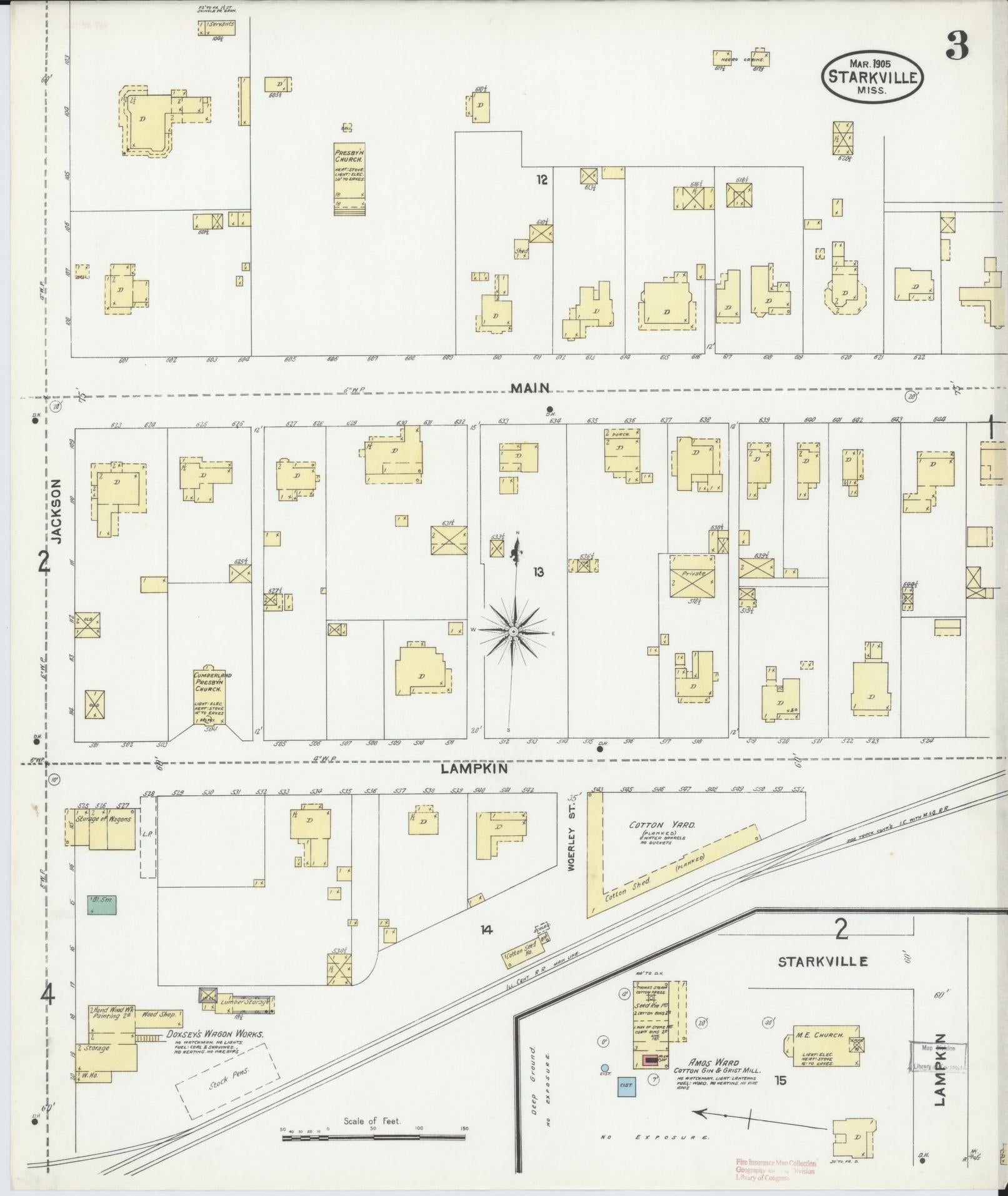Sanborn Fire Insurance Map from Starkville, Oktibbeha County, Mississippi (1905), Sheet #0003 - Historic Sanborn Fire Insurance Map Print, vintage old map wall art, antique decor, genealogy gift, Mississippi Mississippi map