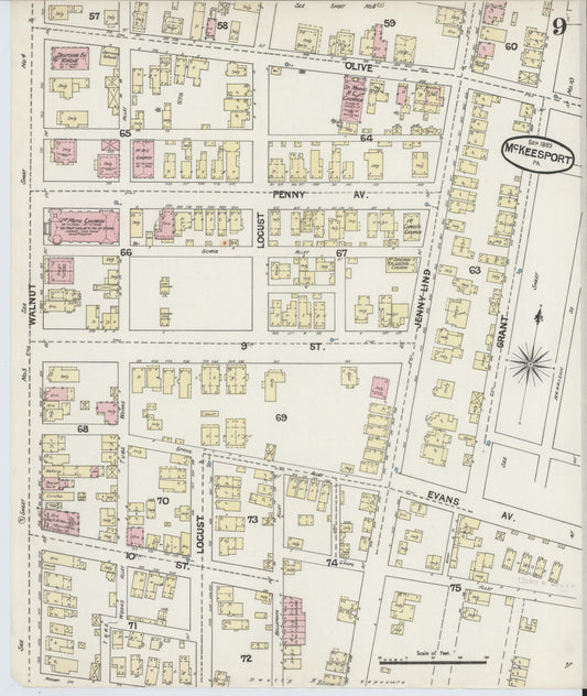 Sanborn Fire Insurance Map from McKeesport, Allegheny County, Pennsylvania (1889), Sheet #0009 - Historic Sanborn Fire Insurance Map Print, vintage old map wall art, antique decor, genealogy gift, Pennsylvania Pennsylvania map