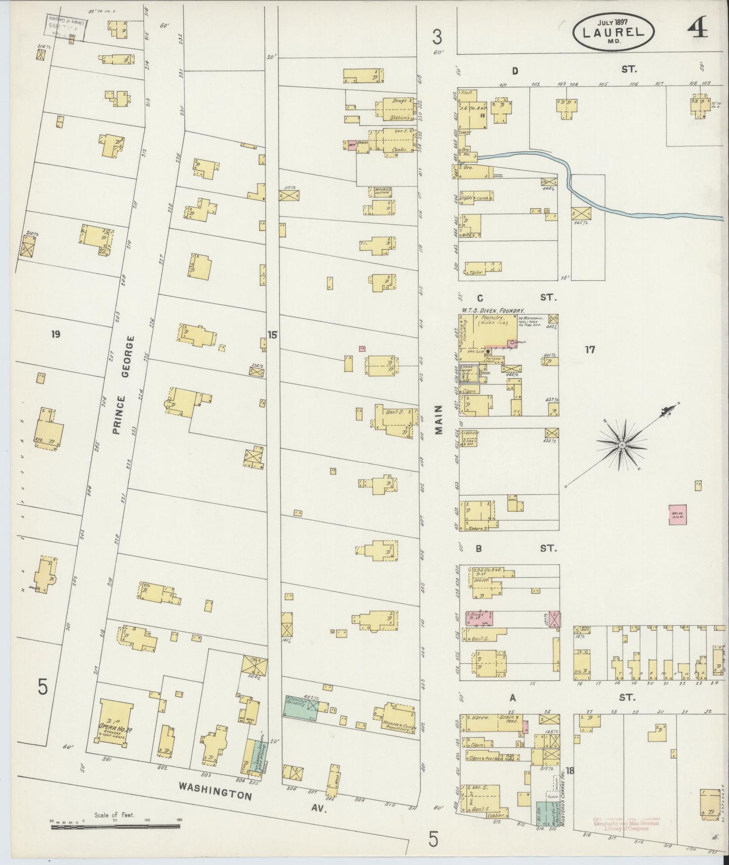 Sanborn Fire Insurance Map from Laurel, Prince Georges County, Maryland (1897), Sheet #0004 - Historic Sanborn Fire Insurance Map Print, vintage old map wall art