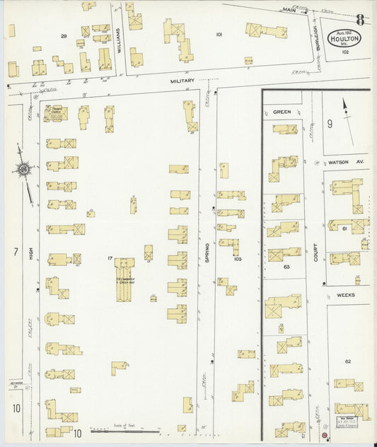 Sanborn Fire Insurance Map from Houlton, Aroostook County, Maine (1912), Sheet #0008 - Historic Sanborn Fire Insurance Map Print, vintage old map wall art, antique decor, genealogy gift, Maine Maine map