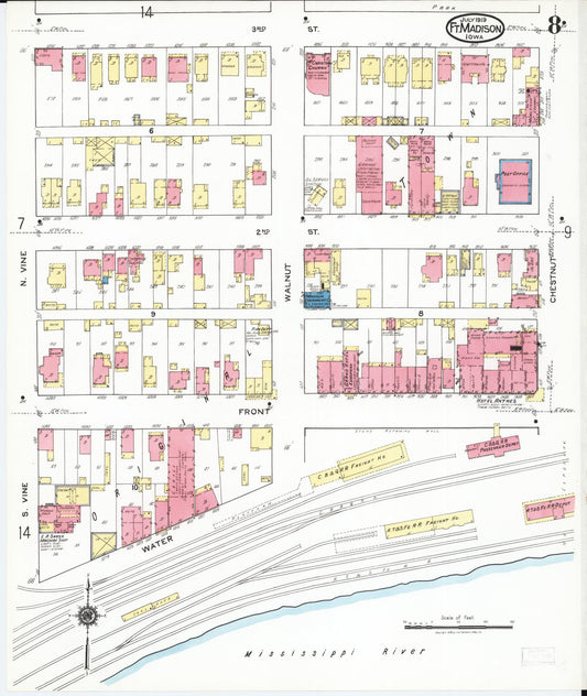 Sanborn Fire Insurance Map from Fort Madison, Lee County, Iowa (1919), Sheet #0008 - Historic Sanborn Fire Insurance Map Print, vintage old map wall art