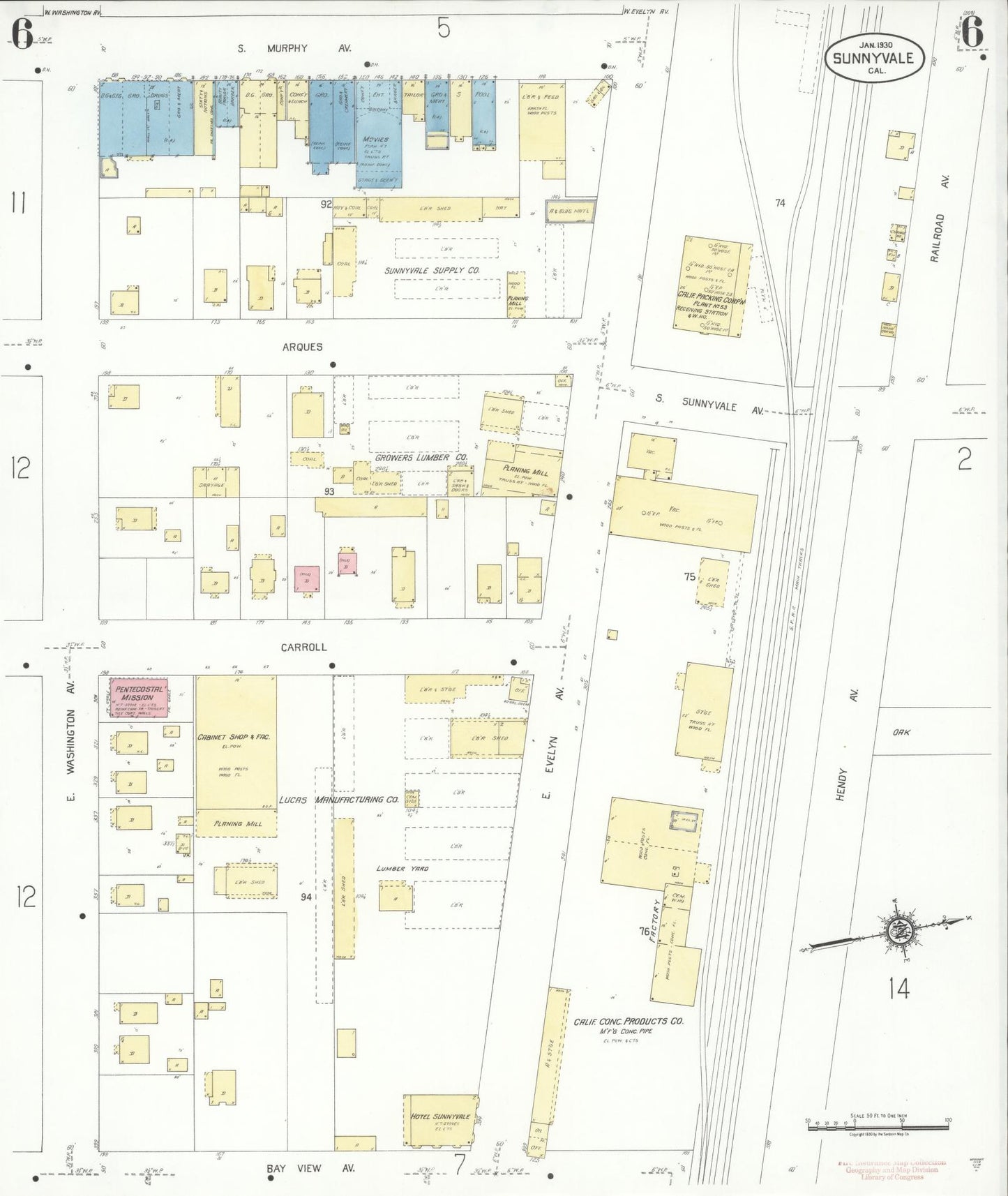 Sanborn Fire Insurance Map from Sunnyvale, Santa Clara County, California (1930), Sheet #0006 - Complete Map Set gallery image, historic Sanborn map, vintage wall art, California California