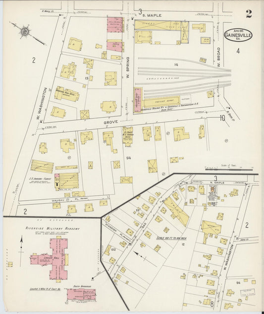 Sanborn Fire Insurance Map from Gainesville, Hall County, Georgia (1915), Sheet #0002 - Historic Sanborn Fire Insurance Map Print, vintage old map wall art, antique decor, genealogy gift, Georgia Georgia map