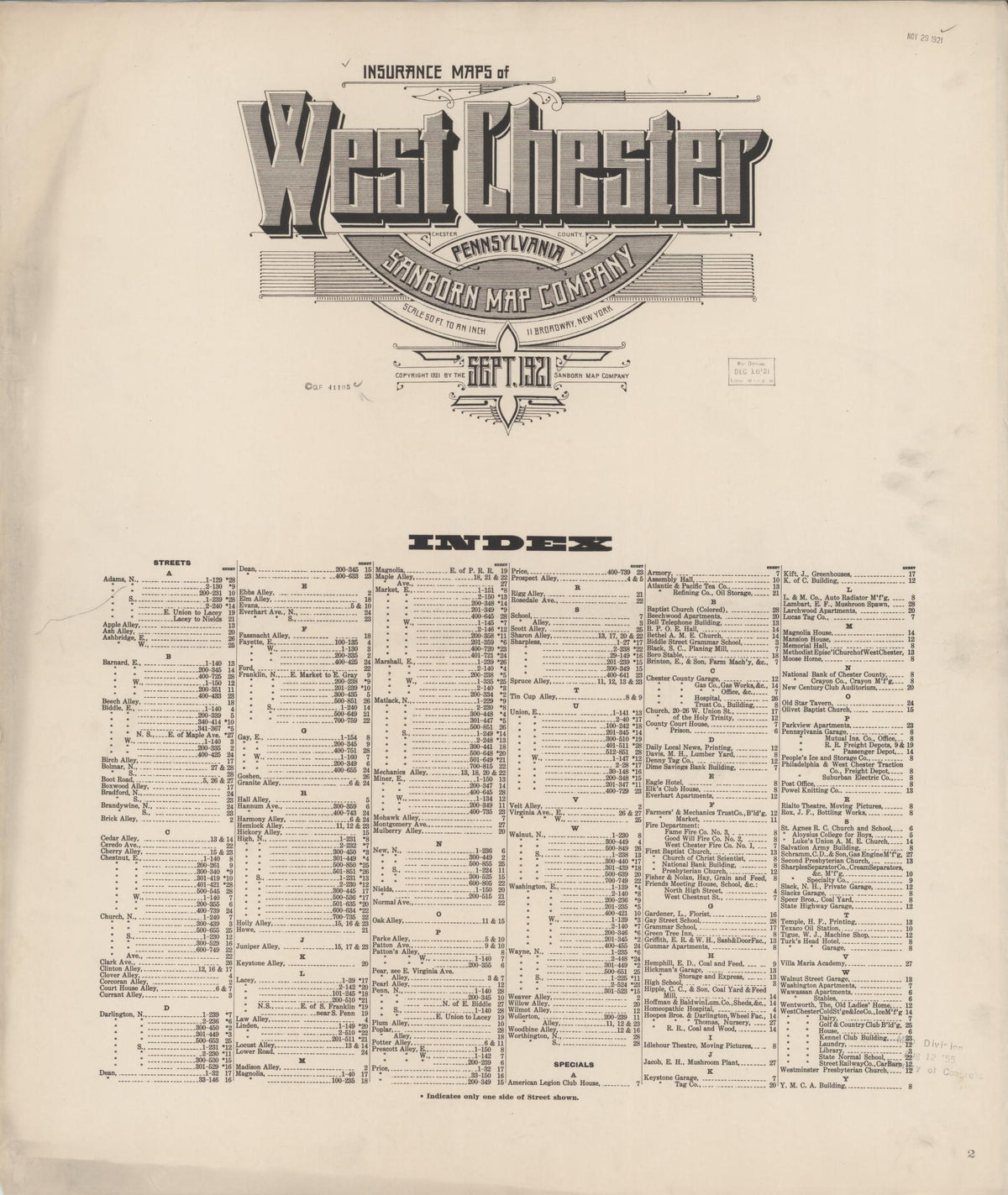 Sanborn Fire Insurance Map from West Chester, Chester County, Pennsylvania (1921), Sheet #0001 - Historic Sanborn Fire Insurance Map Print, vintage old map wall art, antique decor, genealogy gift, Pennsylvania Pennsylvania map