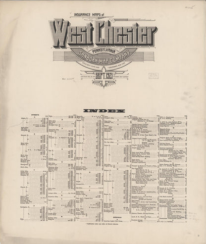 Sanborn Fire Insurance Map from West Chester, Chester County, Pennsylvania (1921), Sheet #0001 - Historic Sanborn Fire Insurance Map Print, vintage old map wall art, antique decor, genealogy gift, Pennsylvania Pennsylvania map