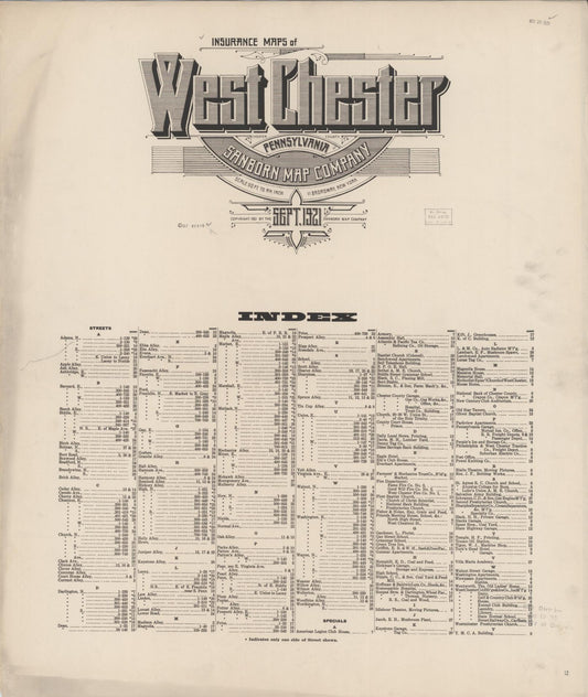Sanborn Fire Insurance Map from West Chester, Chester County, Pennsylvania (1921), Sheet #0001 - Historic Sanborn Fire Insurance Map Print, vintage old map wall art, antique decor, genealogy gift, Pennsylvania Pennsylvania map