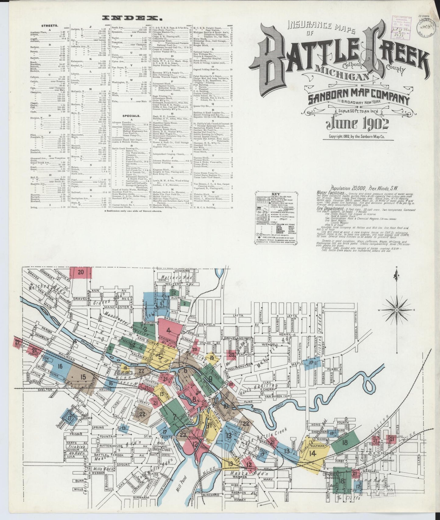Sanborn Fire Insurance Map from Battle Creek, Calhoun County, Michigan (1902), Sheet #0001 - Historic Sanborn Fire Insurance Map Print, vintage old map wall art, antique decor, genealogy gift, Michigan Michigan map