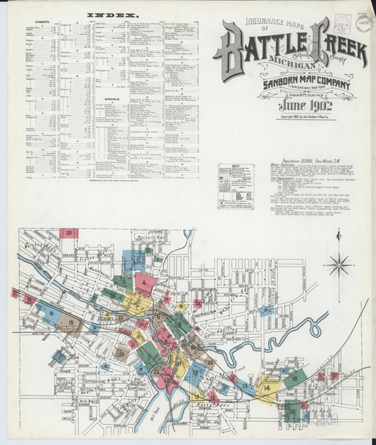 Sanborn Fire Insurance Map from Battle Creek, Calhoun County, Michigan (1902), Sheet #0001 - Historic Sanborn Fire Insurance Map Print, vintage old map wall art, antique decor, genealogy gift, Michigan Michigan map