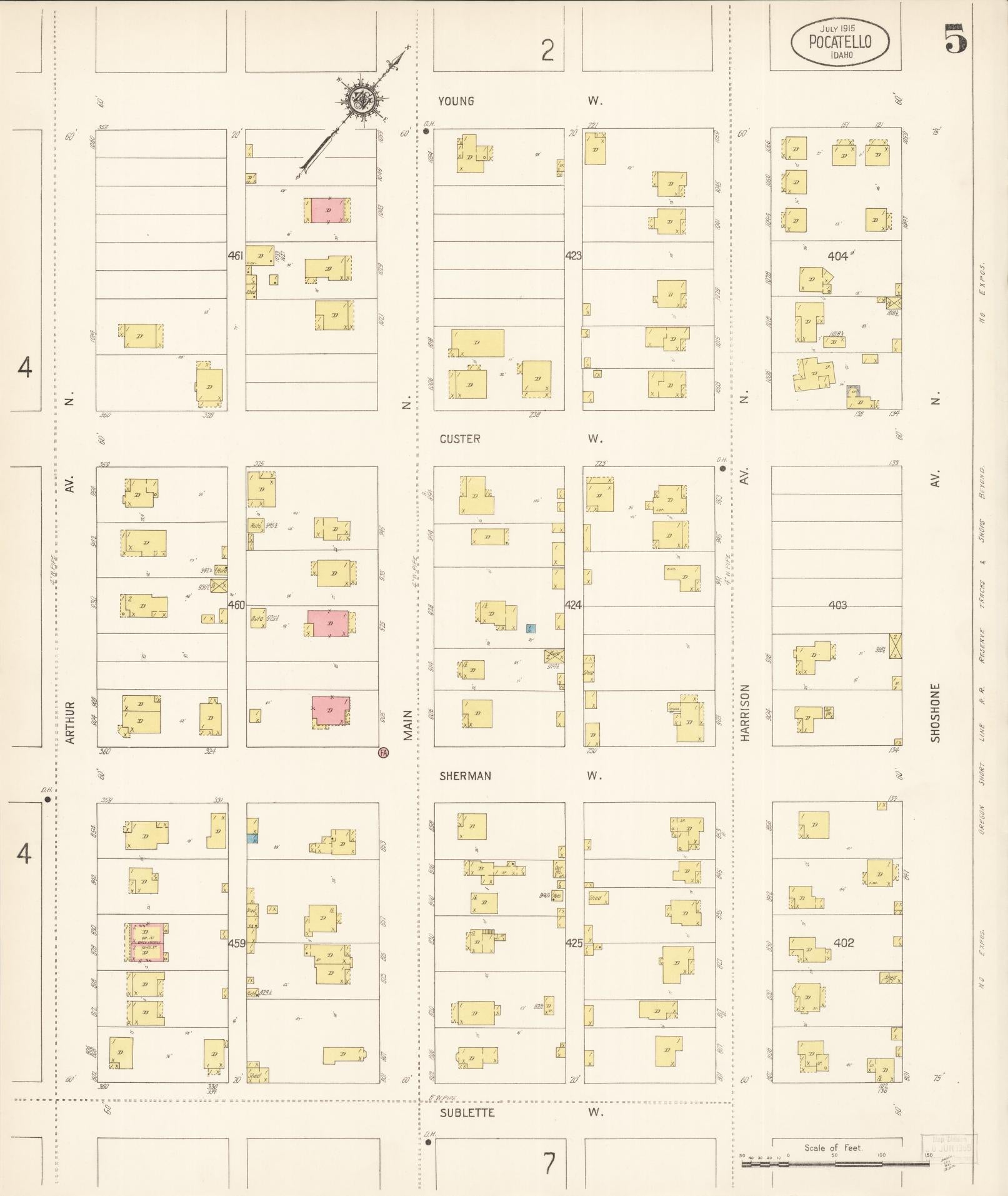 Sanborn Fire Insurance Map from Pocatello, Bannock County, Idaho (1915), Sheet #0005 - Historic Sanborn Fire Insurance Map Print, vintage old map wall art, antique decor, genealogy gift, Idaho Idaho map