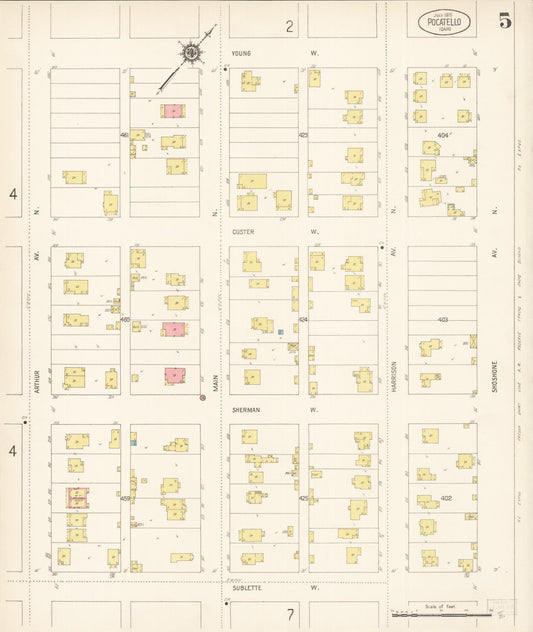 Sanborn Fire Insurance Map from Pocatello, Bannock County, Idaho (1915), Sheet #0005 - Historic Sanborn Fire Insurance Map Print, vintage old map wall art, antique decor, genealogy gift, Idaho Idaho map