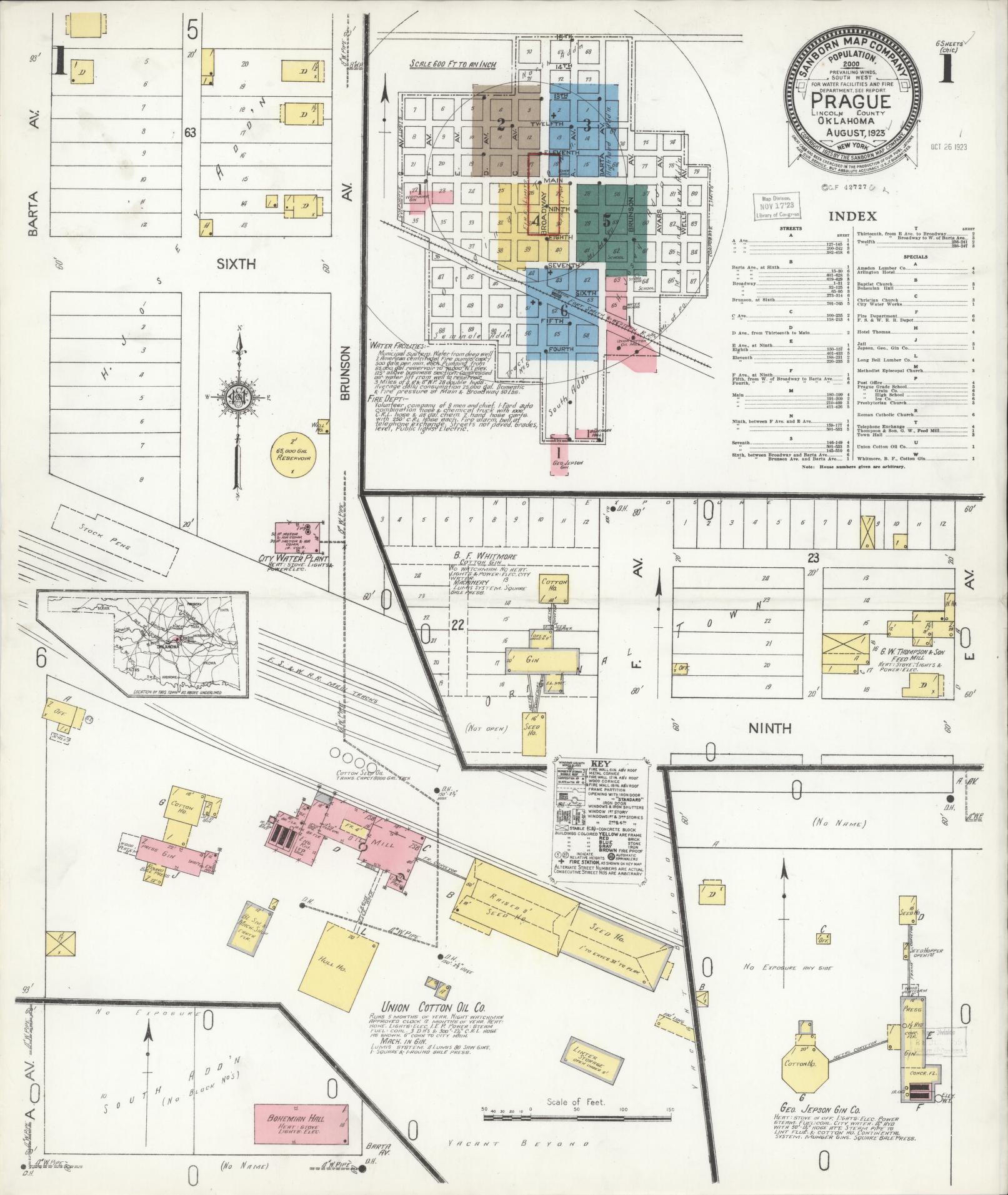 Sanborn Fire Insurance Map from Prague, Lincoln County, Oklahoma (1923), Sheet #0001 - Historic Sanborn Fire Insurance Map Print, vintage old map wall art, antique decor, genealogy gift, Oklahoma Oklahoma map
