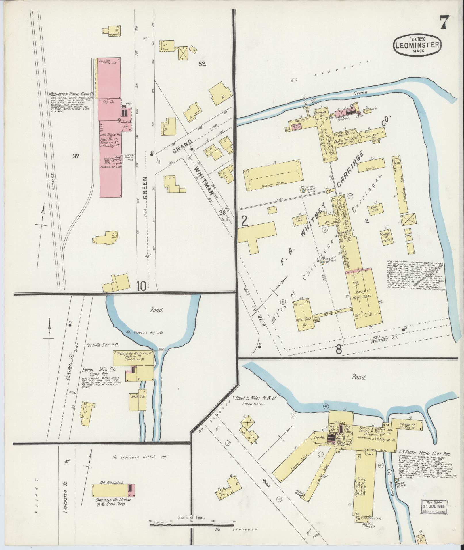 Sanborn Fire Insurance Map from Leominster, Worcester County, Massachusetts (1896), Sheet #0007 - Historic Sanborn Fire Insurance Map Print, vintage old map wall art, antique decor, genealogy gift, Massachusetts Massachusetts map