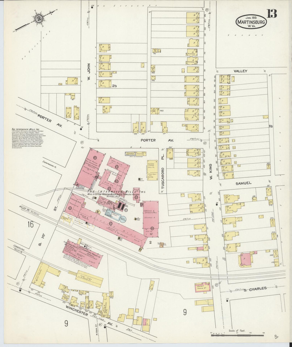 Sanborn Fire Insurance Map from Martinsburg, Berkeley County, West Virginia (1913), Sheet #0013 - Historic Sanborn Fire Insurance Map Print, vintage old map wall art, antique decor, genealogy gift, West Virginia West Virginia map