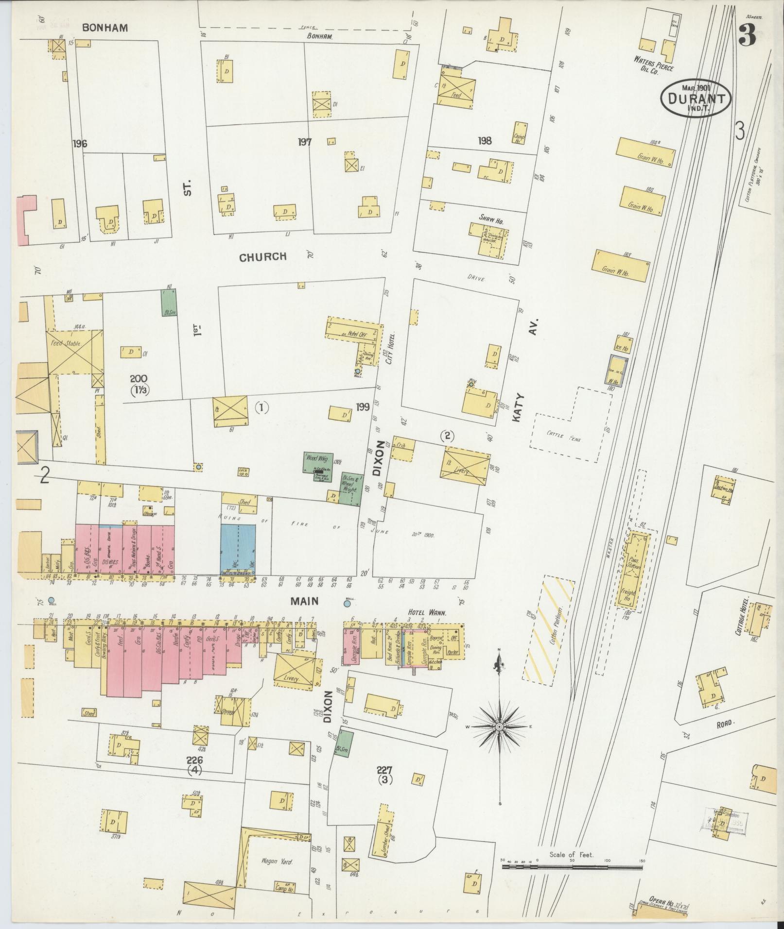 Sanborn Fire Insurance Map from Durant, Bryan County, Oklahoma (1901), Sheet #0003 - Complete Map Set gallery image, historic Sanborn map, vintage wall art, Oklahoma Oklahoma
