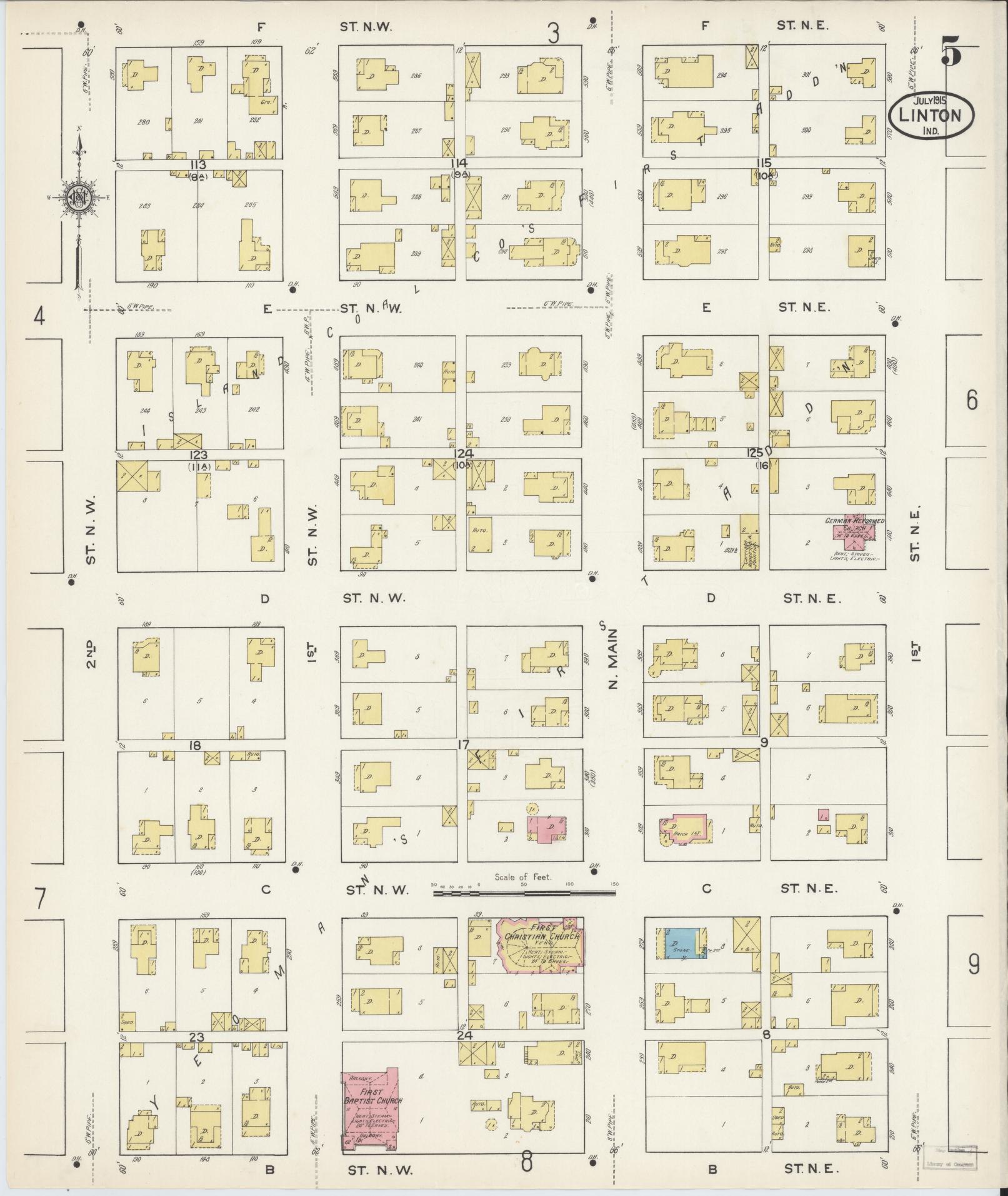 Sanborn Fire Insurance Map from Linton, Greene County, Indiana (1915), Sheet #0005 - Complete Map Set gallery image, historic Sanborn map, vintage wall art, Indiana Indiana