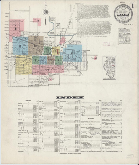 Sanborn Fire Insurance Map from Urbana, Champaign County, Illinois (1915), Sheet #0001 - Historic Sanborn Fire Insurance Map Print, vintage old map wall art, antique decor, genealogy gift, Illinois Illinois map
