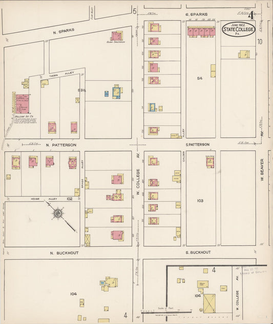 Sanborn Fire Insurance Map from State College, Centre County, Pennsylvania (1922), Sheet #0004 - Historic Sanborn Fire Insurance Map Print, vintage old map wall art, antique decor, genealogy gift, Pennsylvania Pennsylvania map
