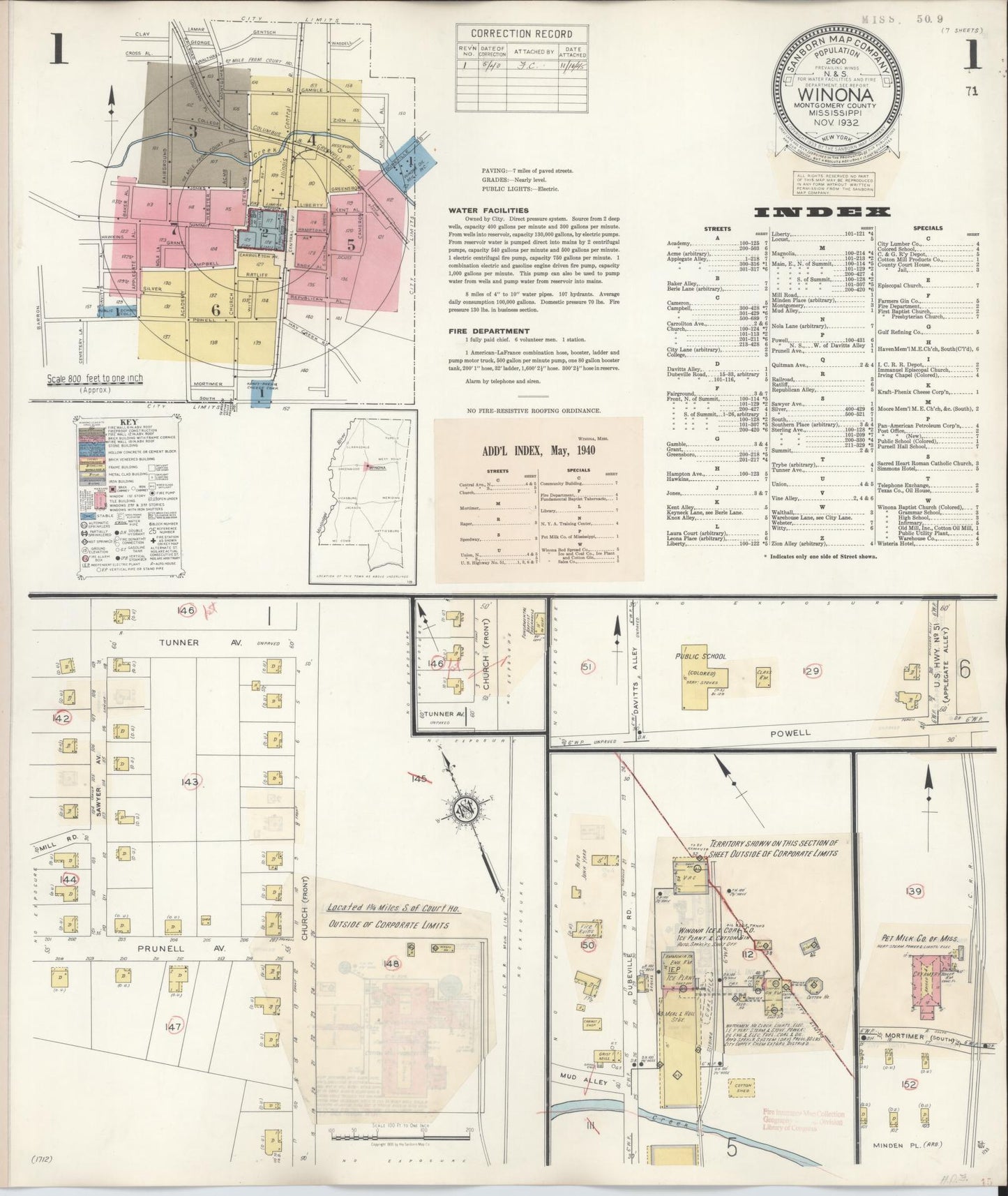 Sanborn Fire Insurance Map from Winona, Montgomery County, Mississippi (1940), Sheet #0001 - Complete Map Set gallery image, historic Sanborn map, vintage wall art, Mississippi Mississippi