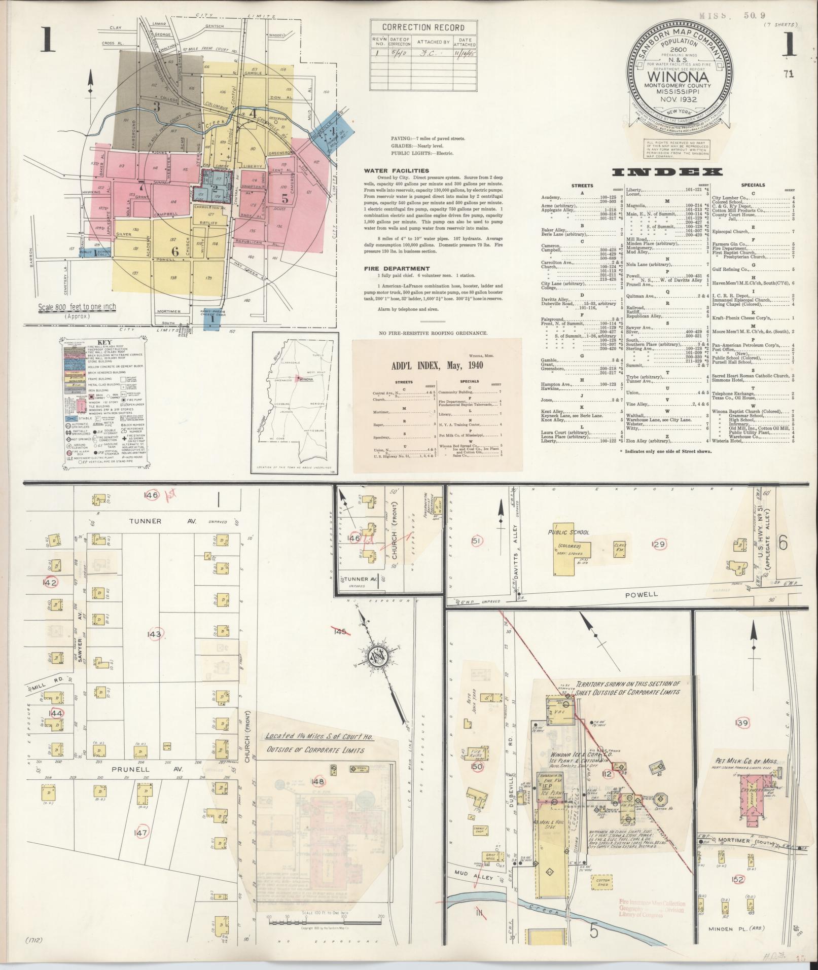 Sanborn Fire Insurance Map from Winona, Montgomery County, Mississippi (1940), Sheet #0001 - Complete Map Set gallery image, historic Sanborn map, vintage wall art, Mississippi Mississippi