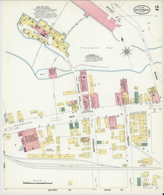 Sanborn Fire Insurance Map from Westbrook, Cumberland County, Maine (1909), Sheet #0002 - Historic Sanborn Fire Insurance Map Print, vintage old map wall art, antique decor, genealogy gift, Maine Maine map