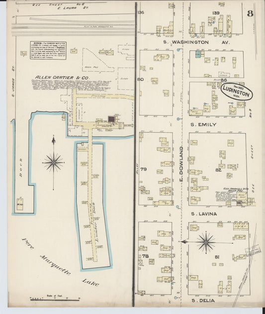 Sanborn Fire Insurance Map from Ludington, Mason County, Michigan (1883), Sheet #0008 - Historic Sanborn Fire Insurance Map Print, vintage old map wall art, antique decor, genealogy gift, Michigan Michigan map