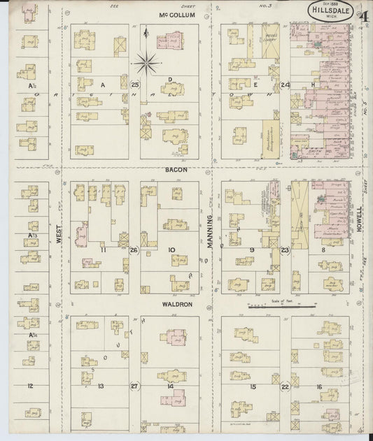 Sanborn Fire Insurance Map from Hillsdale, Hillsdale County, Michigan (1888), Sheet #0004 - Historic Sanborn Fire Insurance Map Print, vintage old map wall art, antique decor, genealogy gift, Michigan Michigan map