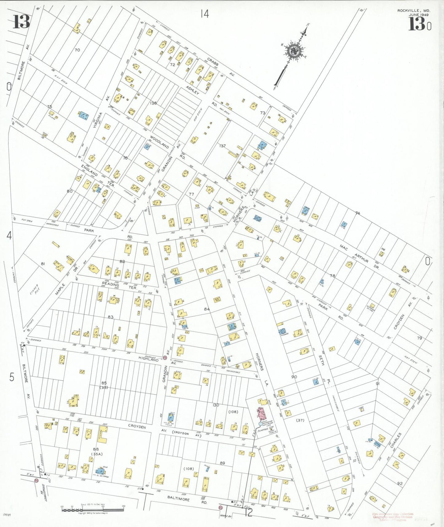Sanborn Fire Insurance Map from Rockville, Montgomery County, Maryland (1949), Sheet #0013 - Historic Sanborn Fire Insurance Map Print, vintage old map wall art