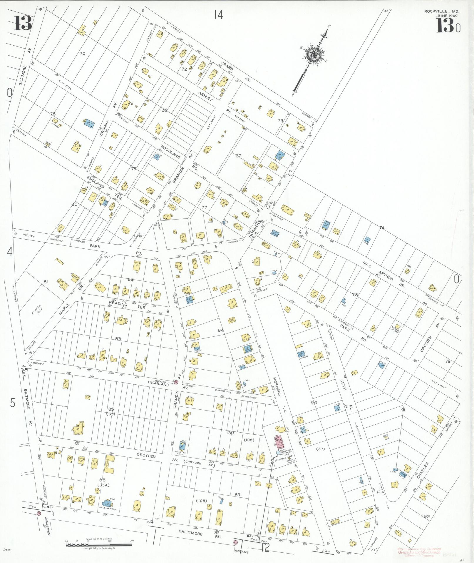 Sanborn Fire Insurance Map from Rockville, Montgomery County, Maryland (1949), Sheet #0013 - Historic Sanborn Fire Insurance Map Print, vintage old map wall art