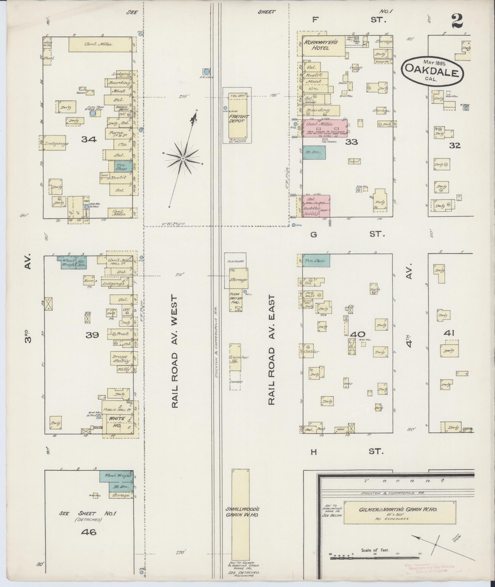 Sanborn Fire Insurance Map from Oakdale, Stanislaus County, California (1885), Sheet #0002 - Complete Map Set gallery image, historic Sanborn map, vintage wall art, California California