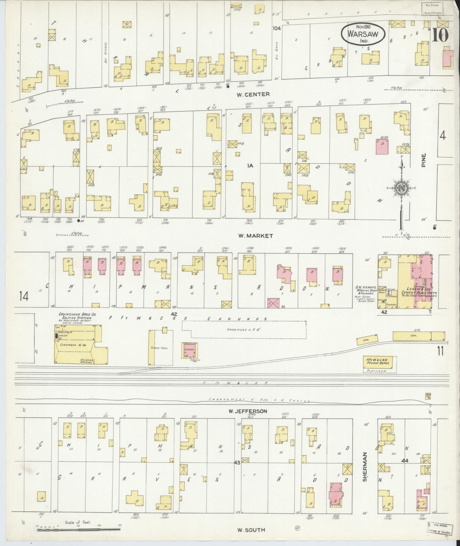 Sanborn Fire Insurance Map from Warsaw, Kosciusko County, Indiana (1910), Sheet #0010 - Historic Sanborn Fire Insurance Map Print, vintage old map wall art, antique decor, genealogy gift, Indiana Indiana map