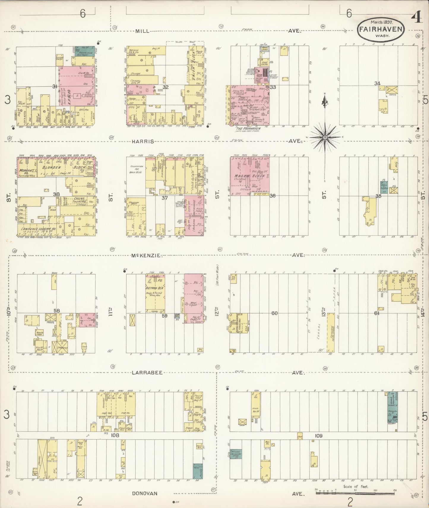 Sanborn Fire Insurance Map from Fairhaven [see also Bellingham and Sehome], Whatcom County, Washington (1897), Sheet #0004 - Complete Map Set gallery image, historic Sanborn map, vintage wall art, Washington Washington