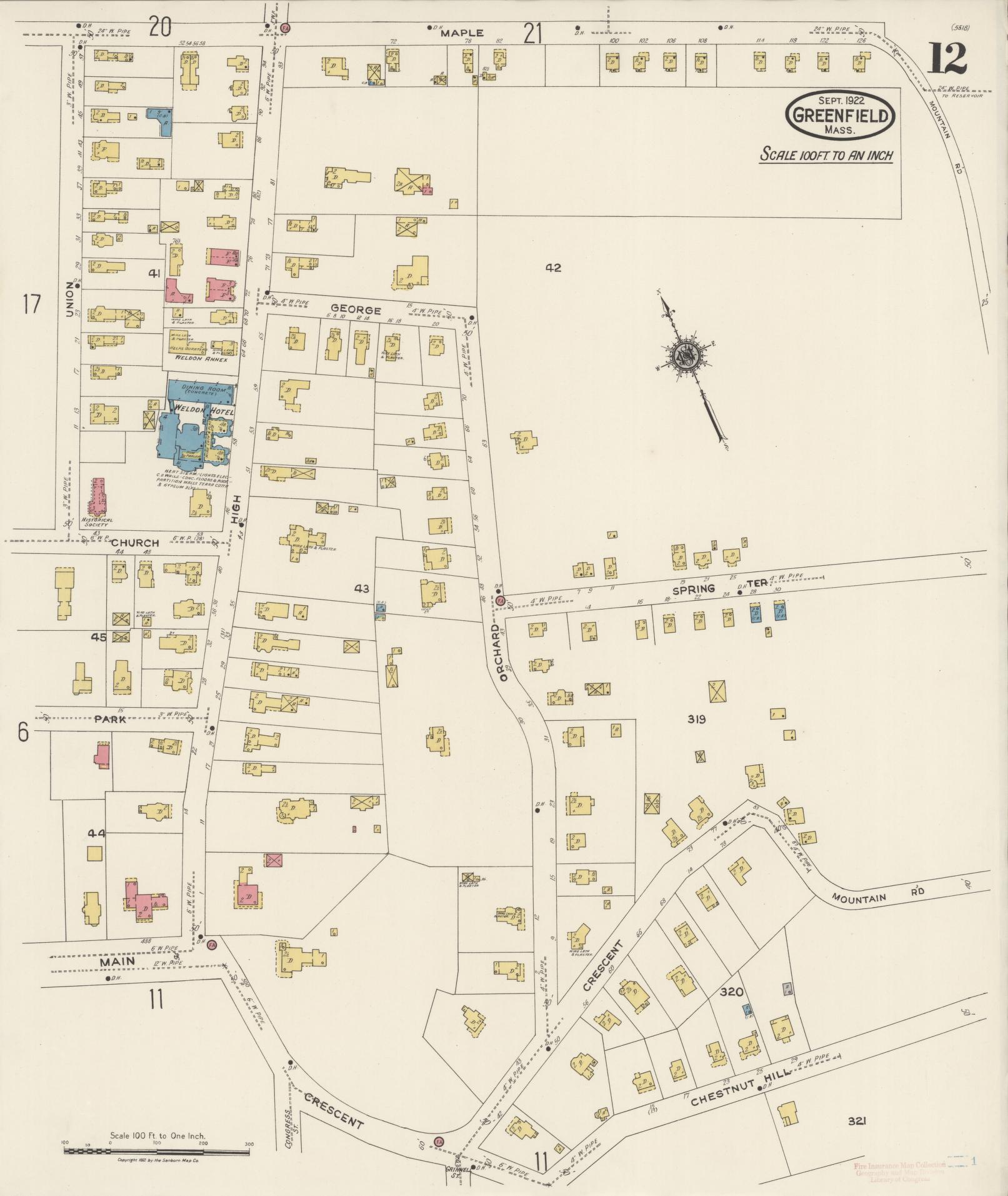 Sanborn Fire Insurance Map from Greenfield, Franklin County, Massachusetts (1922), Sheet #0012 - Complete Map Set gallery image, historic Sanborn map, vintage wall art, Massachusetts Massachusetts