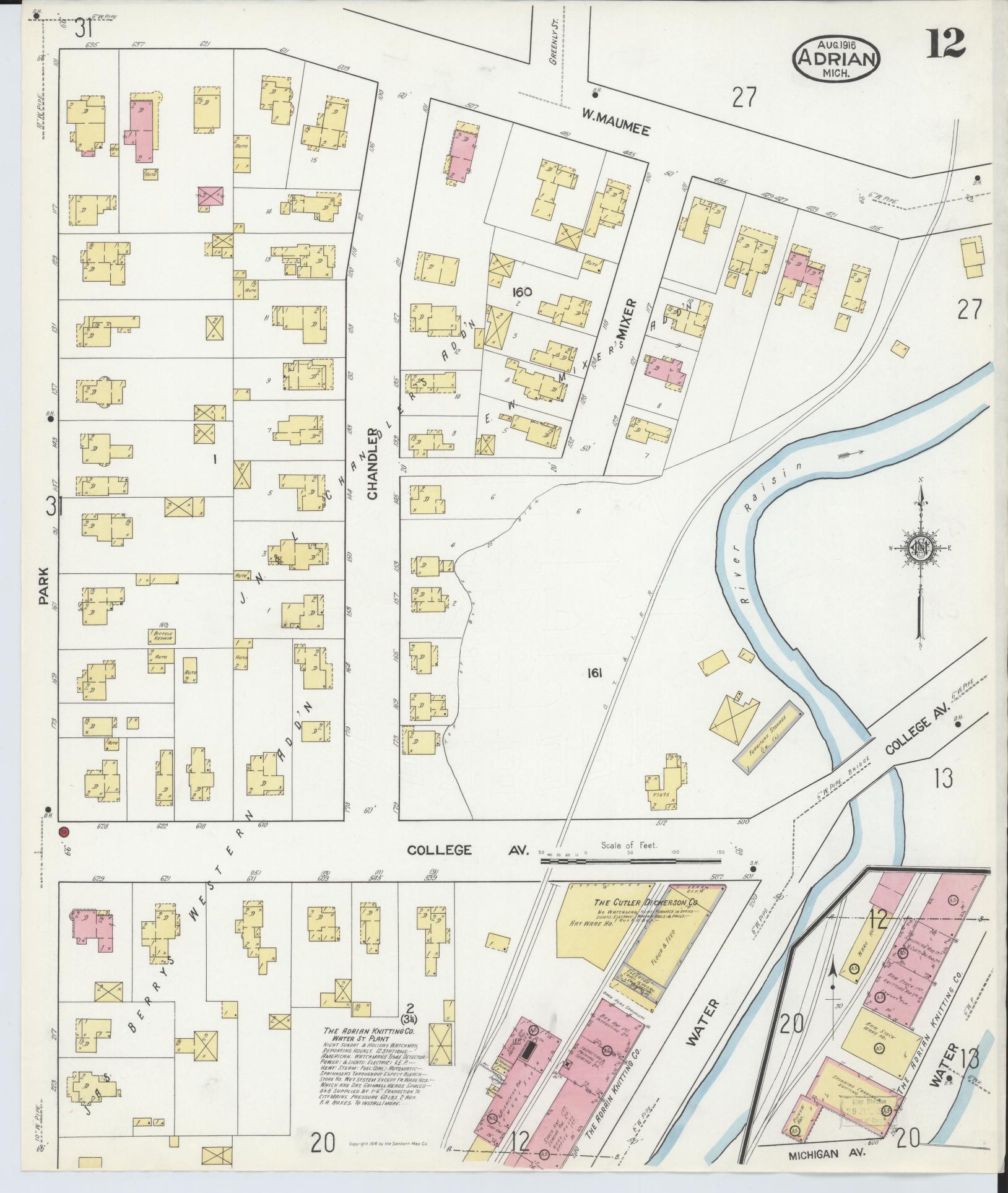 Sanborn Fire Insurance Map from Adrian, Lenawee County, Michigan (1916), Sheet #0012 - Complete Map Set gallery image, historic Sanborn map, vintage wall art, Michigan Michigan