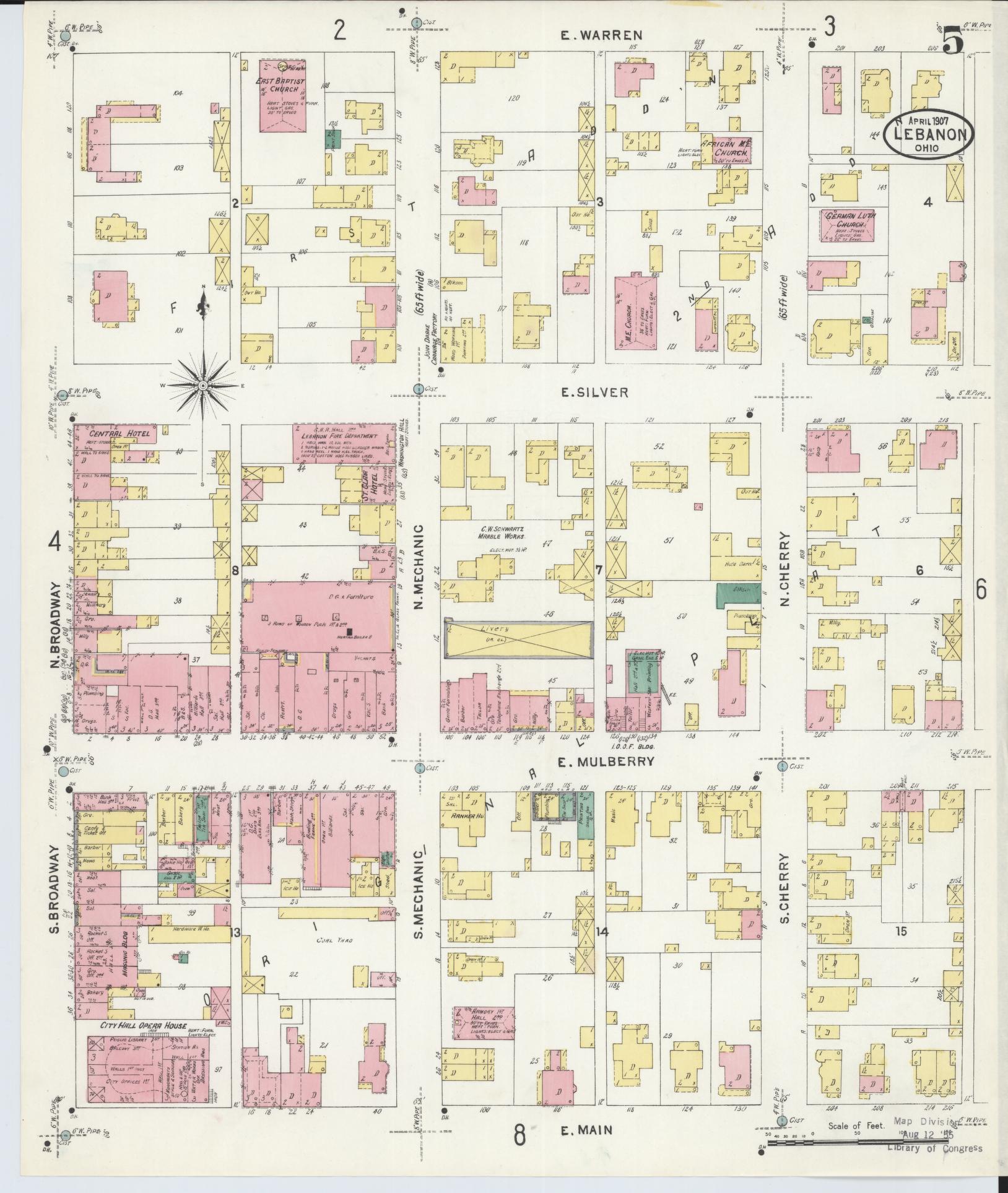 Sanborn Fire Insurance Map from Lebanon, Warren County, Ohio (1907), Sheet #0005 - Historic Sanborn Fire Insurance Map Print, vintage old map wall art, antique decor, genealogy gift, Ohio Ohio map