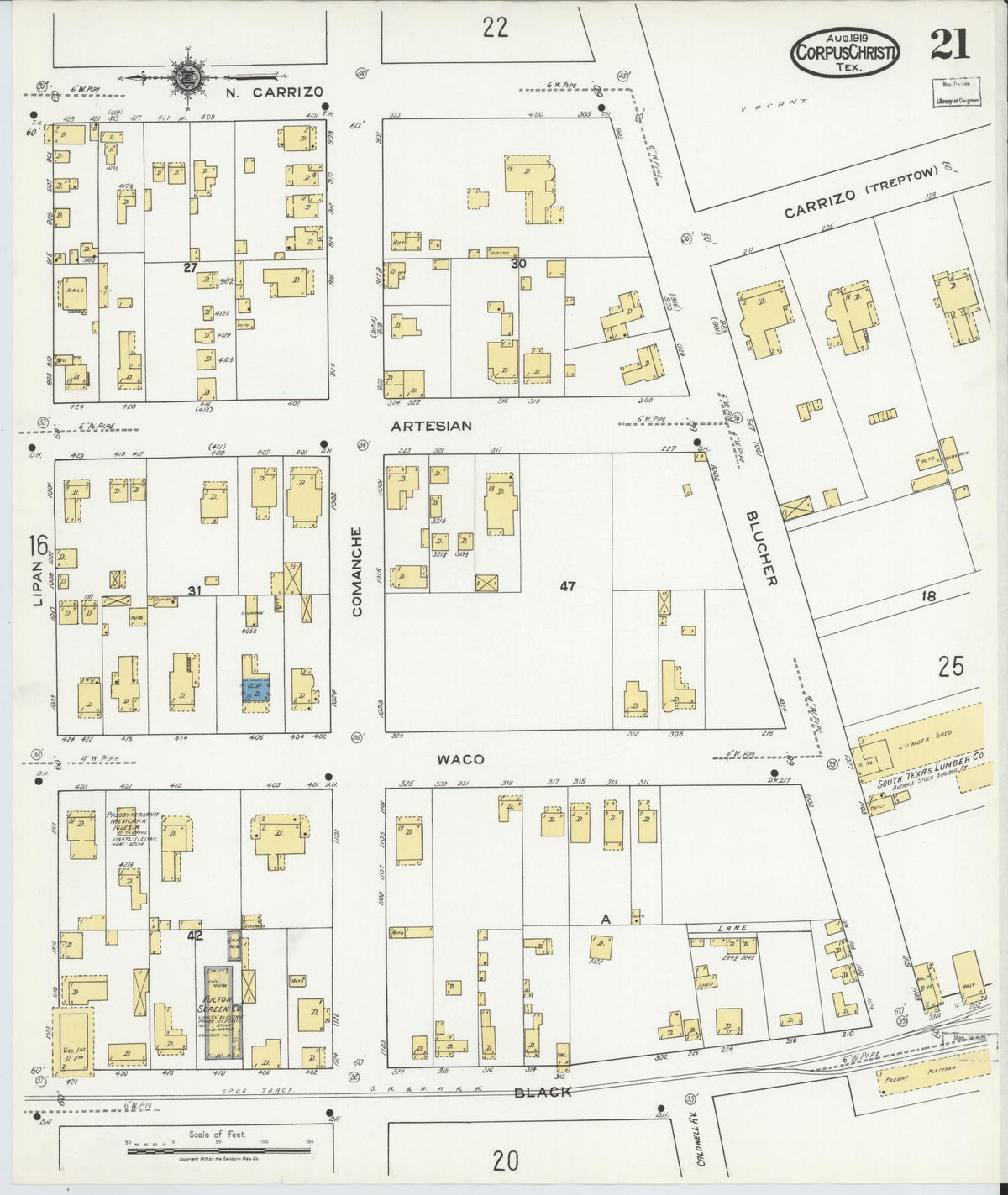 Sanborn Fire Insurance Map from Corpus Christi, Nueces County, Texas (1919), Sheet #0021 - Complete Map Set gallery image, historic Sanborn map, vintage wall art, Texas Texas